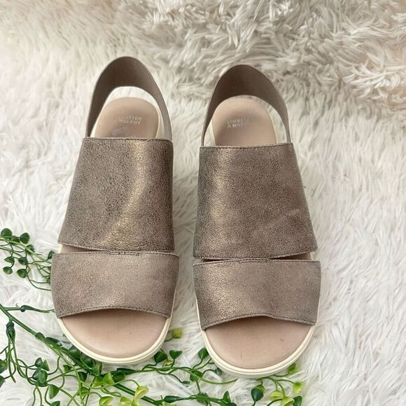 Johnston & Murphy Cassandra Sandals Metallic Pewter Leather Elastic Heel sz 8.5M - Picture 2 of 8